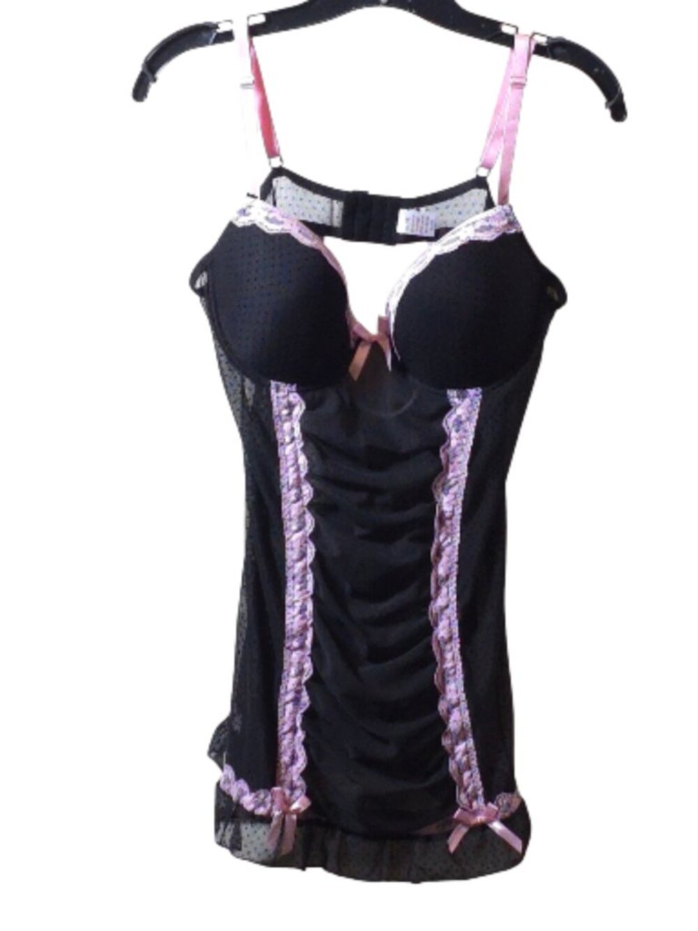 Black Pink Lace Babydoll Chemise Cami 1X Mesh Ruched Coquette Lingerie Y2K